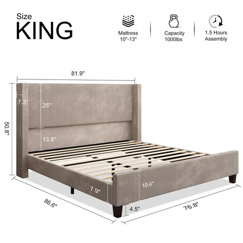 Top Tier King Size Bed Frame Featuring Fifty Point Eight Inch Padded Corduroy Wingback Headboard with dimensions and design details.