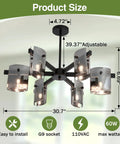 Six Light Black Glass Chandelier Pendant Lighting Mid Century Ceiling Fixture dimensions and specifications shown.