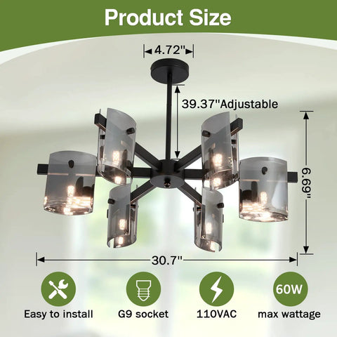 Six Light Black Glass Chandelier Pendant Lighting Mid Century Ceiling Fixture dimensions and specifications shown.