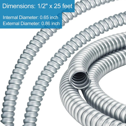 Half Inch Flexible Steel Electrical Conduit Kit, 25 Feet Of Flexible Metal Conduit close-up showing coiled steel structure.