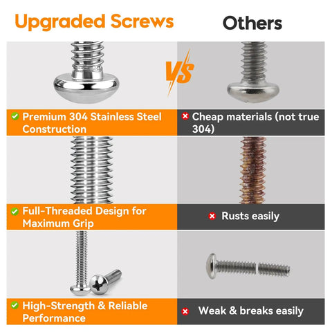 Comparison of premium 304 stainless steel screws with cheaper alternatives, highlighting rust resistance and strength benefits.