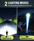 4 Pack Rechargeable LED Flashlights With 990,000 Lumens Ultra Bright Go To Light, Waterproof Build showing wide and narrow beam modes