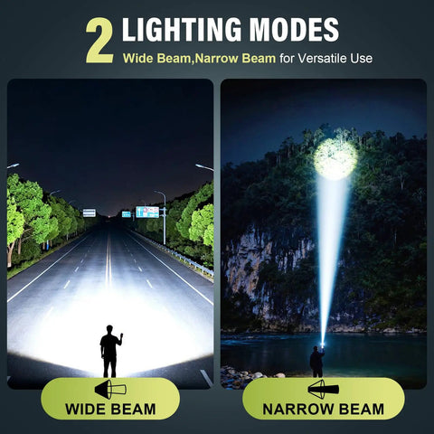 4 Pack Rechargeable LED Flashlights With 990,000 Lumens Ultra Bright Go To Light, Waterproof Build showing wide and narrow beam modes