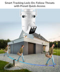 Wireless Triple Lens 2K Security Camera System All In One Outdoor With 360 Degree Pan And Tilt Motion Detection Auto Tracking monitoring a person in front of a modern house