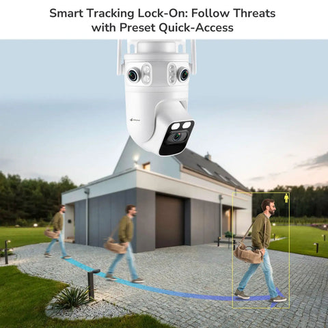 Wireless Triple Lens 2K Security Camera System All In One Outdoor With 360 Degree Pan And Tilt Motion Detection Auto Tracking monitoring a person in front of a modern house