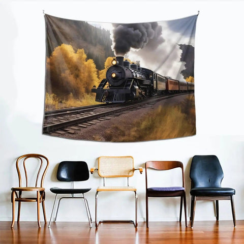 Steam Locomotive Train Tapestry Wall Hanging, Aesthetic Wall Decor Art Poster for Living Room and Dorm, 60x51 inches displayed