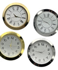 Pack Of 4 55mm Quartz Round Clock Heads With Arabic Or Roman Numerals For Crafting And Repair Of DIY Clock Nerds And Hobbyists Durable Alloy And Stainless Steel Timekeeping Parts, showing various numeral styles.