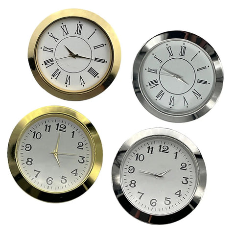 Pack Of 4 55mm Quartz Round Clock Heads With Arabic Or Roman Numerals For Crafting And Repair Of DIY Clock Nerds And Hobbyists Durable Alloy And Stainless Steel Timekeeping Parts, showing various numeral styles.
