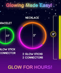 Diagram showing 2.5-inch bracelet, 5-inch necklace, 8-inch glow stick in Lit Ultra Bright Glow Sticks Bulk 50 Pack for Parties.