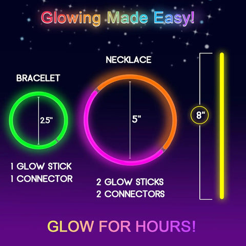 Diagram showing 2.5-inch bracelet, 5-inch necklace, 8-inch glow stick in Lit Ultra Bright Glow Sticks Bulk 50 Pack for Parties.