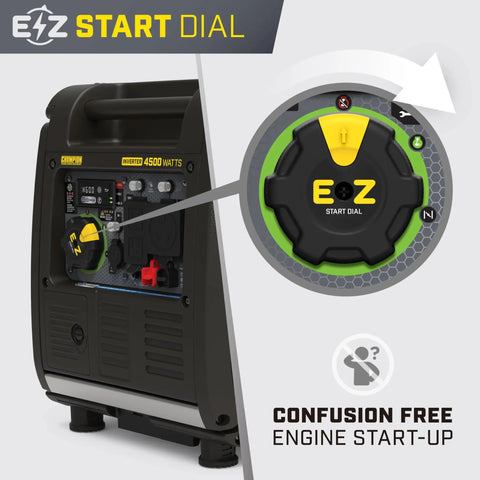 EZ start dial on 4500 Watt RV Ready Portable Inverter Generator with Crazy Quiet Technology and Long Run Time, 61 dBA Noise Level
