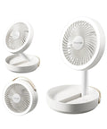 Foldable Desk Fan With LED Night Light 6.8 Inch Wireless Portable Fan shown in multiple positions, USB rechargeable, 6000mAh battery