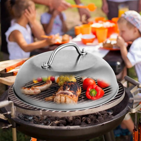 9 Inch Griddle Dome Cover For Smash Burgers And Melting Basting Shield covering food on outdoor grill