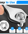 Close-up of a 10 Sets 1/4-20x4 Inch Stainless Steel Hex Bolts Kit with wrench, showing ease of use and durability.