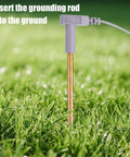 Copper Grounding Rod Kit With 40 Foot Female Cord And 15 Foot Male Wire inserted into ground for earthing mats and blankets.