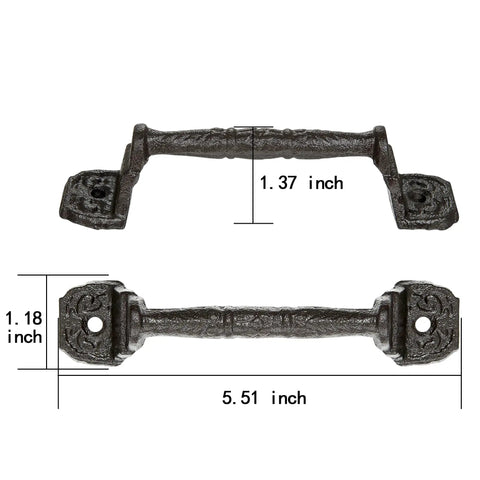 Four Pack Cast Iron Sliding Barn Door Handles 5.51 Inch Dark Brown Vintage Metal Pulls with dimensions shown