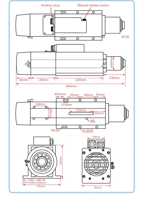 Heavy Lifter 7.5KW BT30 Air Cooled Spindle Motor With Automatic Tool Change ATC dimension diagram showing detailed measurements and features.