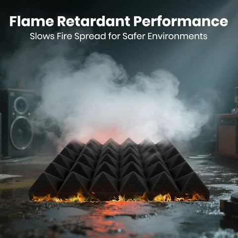 Premium Black And White Pyramid Acoustic Panels 50 Pack With Heavy Duty Double Sided Tape For Quick No Drill Wall Mounting showcased in a smoky, fire-retardant setting.