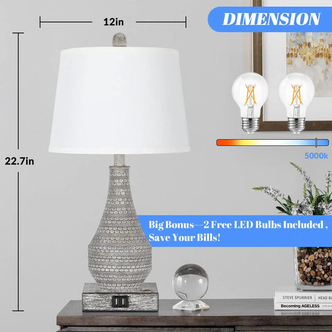 Cozy Rustic Bedside Lamp Set Of 2 With Touch Dimmer And USB Ports, white resin body, elegant vase style, dimensions shown.
