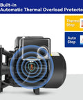 Workhorse Shallow Well Jet Pump with Cast Iron Body, 0.5 HP Motor, thermal overload protector in operation, dual voltage.