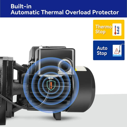 Workhorse Shallow Well Jet Pump with Cast Iron Body, 0.5 HP Motor, thermal overload protector in operation, dual voltage.