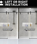 60 Inch Wide Frameless Sliding Shower Door With Sealing Strips And Waterproof Handle 5/16 Inch 8mm Clear Tempered Glass Black Stainless Steel Hardware 76 Inch High Reversible Left Or Right Opening showing left and right installation views.