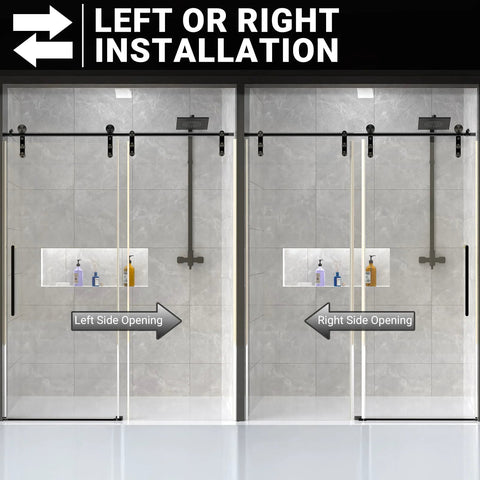 60 Inch Wide Frameless Sliding Shower Door With Sealing Strips And Waterproof Handle 5/16 Inch 8mm Clear Tempered Glass Black Stainless Steel Hardware 76 Inch High Reversible Left Or Right Opening showing left and right installation views.