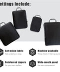 4 Piece Compression Packing Cubes Set For Travel Expandable Carry On Organizers Space Saving Luggage Bags Black shown with features