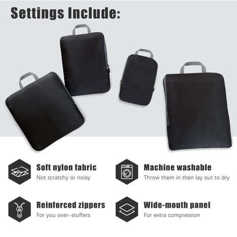 4 Piece Compression Packing Cubes Set For Travel Expandable Carry On Organizers Space Saving Luggage Bags Black shown with features