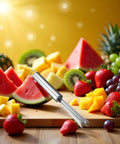 Pineapple Eye Remover Tool With V Shaped Stainless Steel Blade surrounded by assorted fruits on a wooden cutting board
