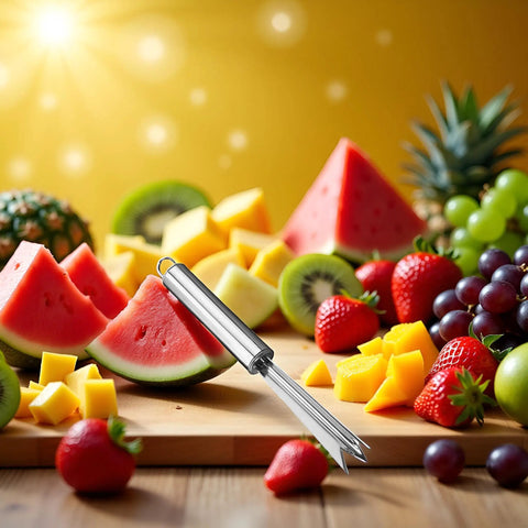 Pineapple Eye Remover Tool With V Shaped Stainless Steel Blade surrounded by assorted fruits on a wooden cutting board