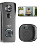 Wireless Video Doorbell With Chime and 2 Way Audio, Night Vision, AI Motion Detection, Voice Changer and Voice Message, SD and Cloud Storage, IP66 Weatherproof, 2.4GHz WiFi camera and chime shown with app view of visitor holding package.