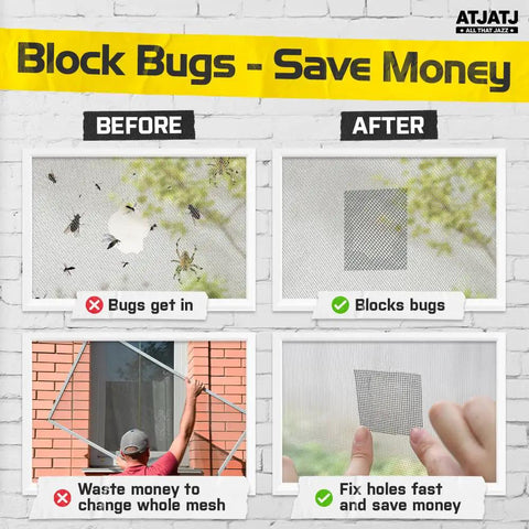 Comparison image showing before and after using 2 Inch By 30 Foot Window Screen Repair Tape For Quick No Tools Needed Fixes Of Screens Doors And Mosquito Nets Durable Black Mesh Patch With Easy Peel And Stick Adhesive For Mess Free Repairs At Home.