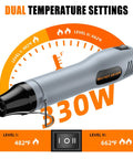 Mini Heat Gun With Dual Temperature Control 482F And 662F For Crafting Pro Results, shown with temperature settings graphic
