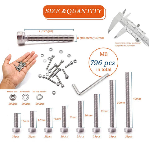 Ultimate 796 Piece M3 Screw Set With DIN912 Hex Socket Screws, 200 Nuts, 200 Lock Washers, And 200 Flat Washers For Pro DIY, Industrial Repairs, And Prototyping. M3 stainless steel screws, nuts, and washers shown with 10-40mm sizes