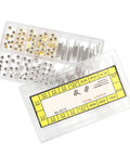 Pro Grade Watch Stem Extender And Crown Replacement Parts Kit with storage box showing gold, silver parts and sizes