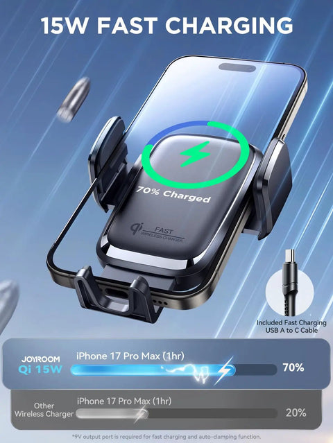 15W Wireless Car Charger With Auto Clamping Air Vent Mount for iPhone 17 Pro Max showcasing fast charging capabilities
