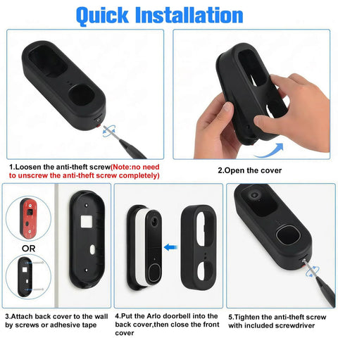 Quick installation steps for No Drill Adhesive Doorbell Mount For Arlo Video Doorbell 2K HD 2nd Gen, anti-theft mount shown