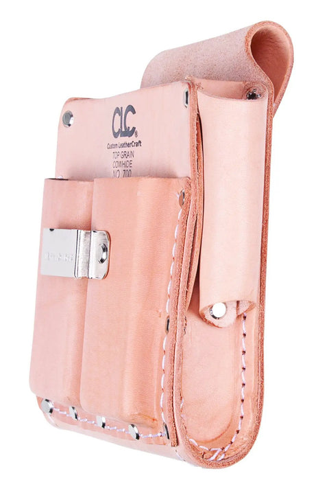 Tan Heavy Duty 5 Pocket Tool Pouch For Belts Up To 2 3/4 Inches, side view showing rugged front pockets and screwdriver loops.