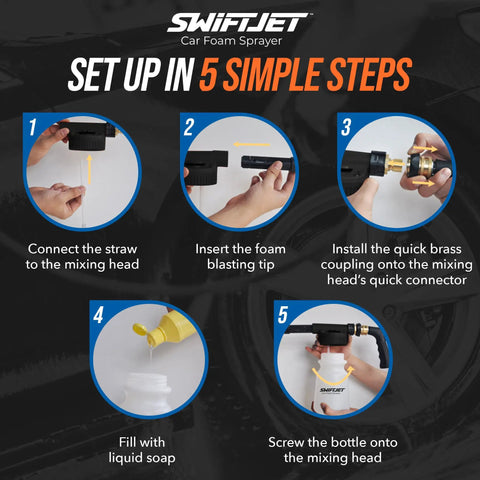 Foam Gun With Microfiber Wash Mitt Car Wash Kit For Garden Hose set up steps shown in five instructional images