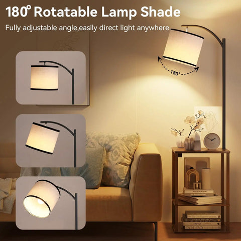 Floor Lamp With Table And USB Charging Station End Table With Shelves Dope Modern Design beige linen shade in living room