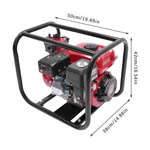 Heavy Duty Workhorse 7.5HP 212CC Gas Water Pump 2 Inch Twin Impeller with protective frame dimensions shown.