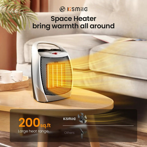 Compact Ceramic Space Heater With Adjustable Thermostat And Overheat Protection, Portable Office And Kitchen Safe ETL Listed on table