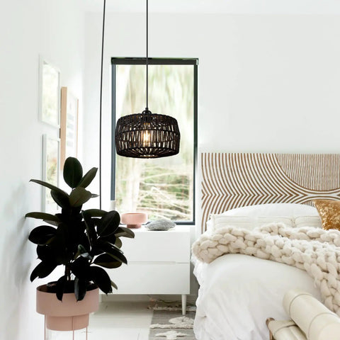 Black Woven Plug In Pendant Light With On Off Switch Rustic Round Ceiling Fixture Made From Natural Fibers Cozy Glow For Entryway Bedroom Kitchen Island Living Room Or Dining Area Dope Vibe hanging in a bedroom.