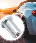 Built Tough M8 X 25mm Top Hat Threaded Insert Sleeve Nut designed for welding and metal fabrication, shown on a car.