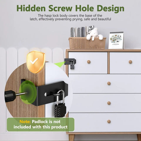 Top Shelf 90 Degree Door Hasp Latch With Padlock Slot Forged From Rust Proof 304 Stainless Steel For Backyard Gate Security, installed on a dresser.