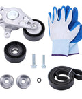 Premium Serpentine Belt Tensioner And Idler Pulley Kit Direct Fit For Ford Explorer Edge Taurus Fusion Flex 3.5L V6 2007 To 2019, with belt, pulleys, bolts and gloves
