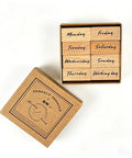 Legit Mini Wooden Rubber Stamp Set Featuring Days Of The Week And Months in a box, crafted from beech wood, for journaling.