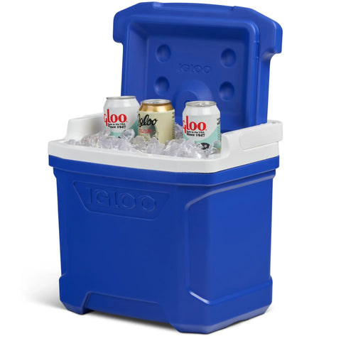 Heavy Duty Hardside Lunch Cooler 12 To 16 Qt Blue Profile with open lid and cans inside on ice