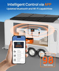 A hand holding a smartphone showing app control for 390W 12V One Stop Plug And Play Solar Panel Kit on an RV roof.
